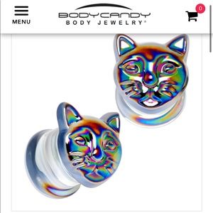 New Body Candy Body Jewelry Aurora Black Glass Kitty Cat Double Flare Plug 1”